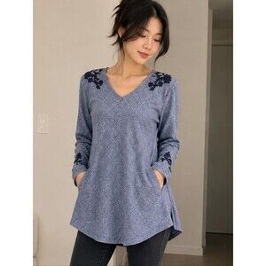 CJ Banks Tunic Top Marled Blue Floral Embroidery Long Sleeve Pockets MP